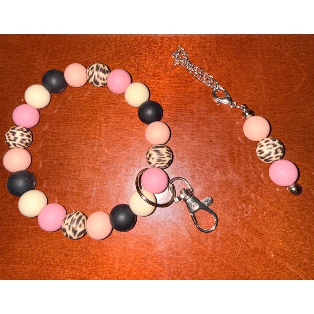 Silicone Bead Keychain Wristlet and Tumbler Handle Dangle Leopard Pink Set